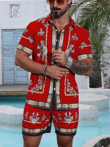 VENTUSAIL Men's Leisure Vintage Print Short Sleeve Shirt And Shorts Set, Holiday - Red - View 3