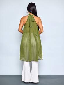 女士春夏纯色度假风日常穿搭夏威夷休闲度假优雅性感通勤简约衬衫优雅露肩无袖雪纺上衣高领飘逸派对晚宴婚礼宾客 - 橄欖綠 - 查看 2