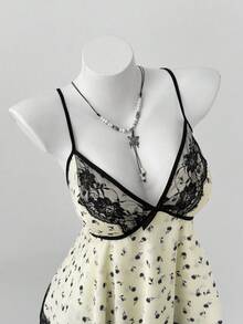 Sunspun 新款甜美度假优雅外出上衣，花卉面料撞色蕾丝饰边蝴蝶结吊带背心，不规则荷叶边下摆短款吊带背心 - 彩色 - 查看 5