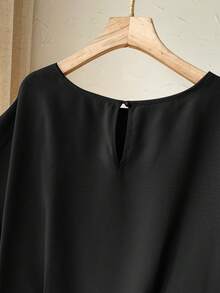 EMERY ROSE 大码女式春季休闲度假圆领短袖纯色露脐上衣和裤子两件套 - 黑色 - 查看 6