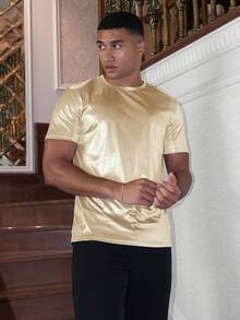 AKNOTIC Men's Fashionable Metallic Short Sleeve T-Shirt, Summer - Gold - View 6