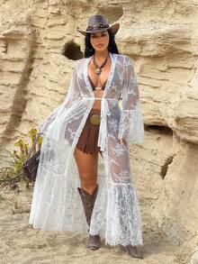 Rustia Mùa xuân, hè, thu, phong cách Boho mới, thanh lịch kiểu Âu và Mỹ, thường ngày, đa năng, áo khoác bikini dài bằng ren dệt, khăn choàng đi biển, áo khoác nhẹ bằng vải móc, váy maxi, váy sơ mi dài tay, váy maxi thêu cho kỳ nghỉ biển. - trắng - Xem 7