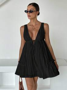 Siren Gaze 女士无袖纯色迷你连衣裙，夏季 - 黑色 - 查看 4