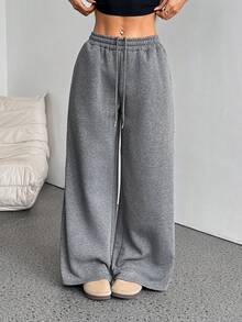 SHEIN PETITE Autumn/Winter New Casual Thickened Fleece Loose High Waist Elastic Waistband Wide Leg Sweatpants, Spring/Summer Versatile Casual Style - Dark Grey - View 4