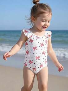 SHEIN Baby Girls' Cute Polka Dot Heart Bow Tie Ruffled One-Piece Swimsuit, Fashionable Casual Swimwear, Suitable For Girls, Swimming, Vacation, Beach, Pool, Photography, Summer Holiday Gift - Multicolor - View 1