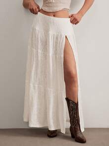 Freevana Đầm maxi dáng rộng cạp cao xẻ tà màu trắng ren dệt kim phong cách Bohemian, chân váy dài gợi cảm kiểu retro giúp thon gọn vóc dáng khi đi nghỉ mát, chân váy dài dáng suông thoải mái cho nữ dịp lễ hội. - trắng - Xem 1