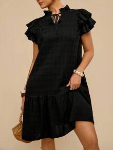 Travachic Vestido casual de talla grande con volantes en el bajo y unicolor - Negro - Ver 7