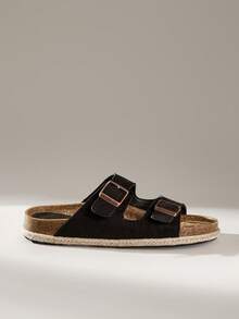 Solecia 女鞋双带金属扣露趾平底休闲度假风麻绳底仿麂皮女式凉拖鞋，适合日常街头和旅行穿着 - 黑色 - 查看 2