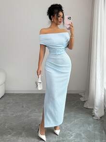 Modelyn Vestido midi elegante de mujer con hombros envueltos, tejido de parches, malla bordada con flores, adecuado para uso diario, reuniones y fiestas en primavera/verano. Vestidos largos, vestidos ajustados para damas. Último diseño de vestido de alta calidad. Vestido Zanea, vestido Yisikado, vestido elegante para mujer. - Azul - Ver 5
