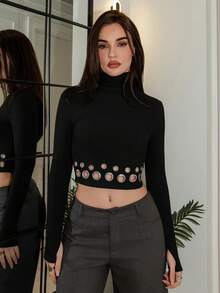 Bris Aura 2025 New Arrival Minimalist Fall-Winter Women's Slim-Fit Turtleneck Cropped Long Sleeve Top With Bold Metallic Eyelet Hem, Avant-Garde, Urban Cool Style, Statement Piece, Figure-Flattering, Party-Ready Eye-Catcher, Hot Girl, Cutting-Edge Design, Fashion-Forward, Black Top - Black - View 6