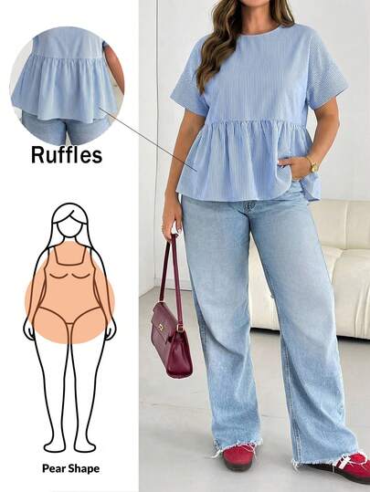 Shapeblank Plus-Size Women's Spring/Summer Fashion Casual Loose Comfortable Cool Everyday Basic Versatile Slimming Blue Striped Short-Sleeved Shirt,Women Blouse,Summer Outfits,Simple Style,Curve Cute Clothes