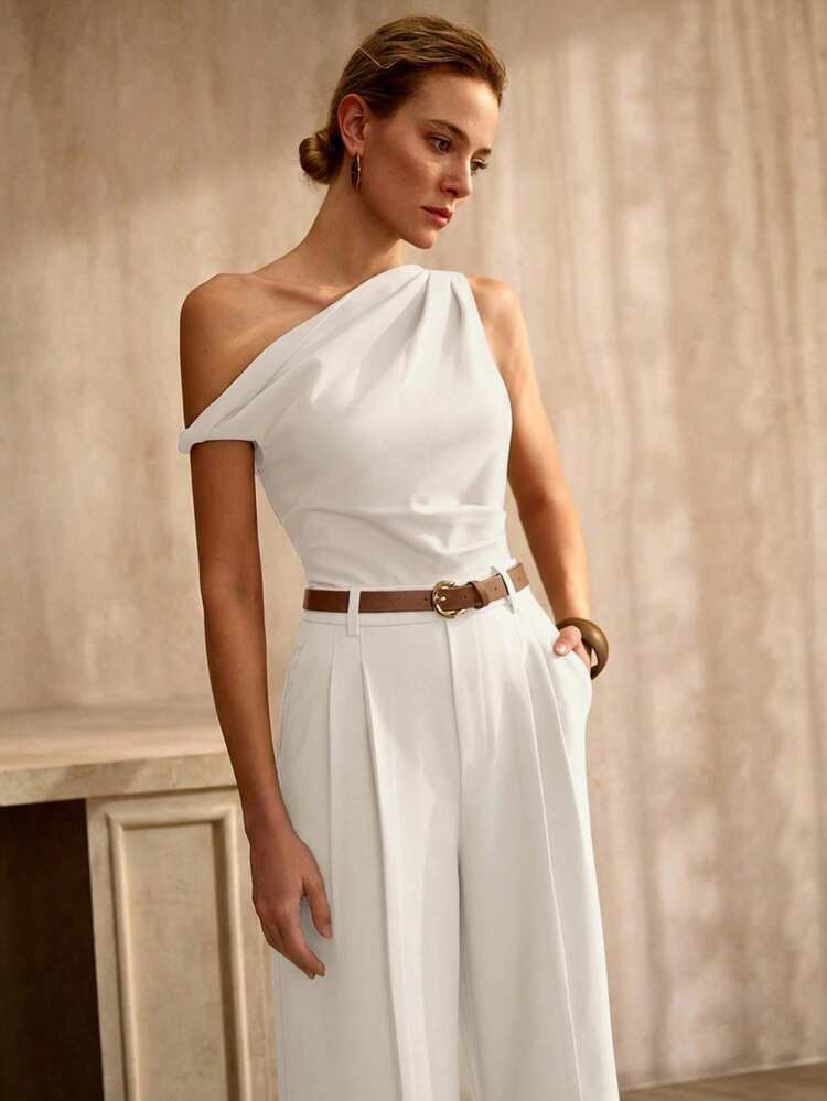 ASYMMETRIC SHOULDER JUMPSUIT WITH BELT, VINTAGE STYLE, SPRING/SUMMER
