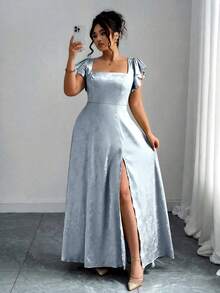 Elenzga Đầm dài tay bồng cổ vuông xẻ tà dành cho nữ cỡ lớn, chất liệu vải jacquard bóng màu xanh lá cây, đa năng cho đi làm, mặc hàng ngày, dự tiệc cưới, dạ hội, lễ tốt nghiệp, mua sắm, chụp ảnh, thoải mái và thời trang. - Màu xanh lam - Xem 3