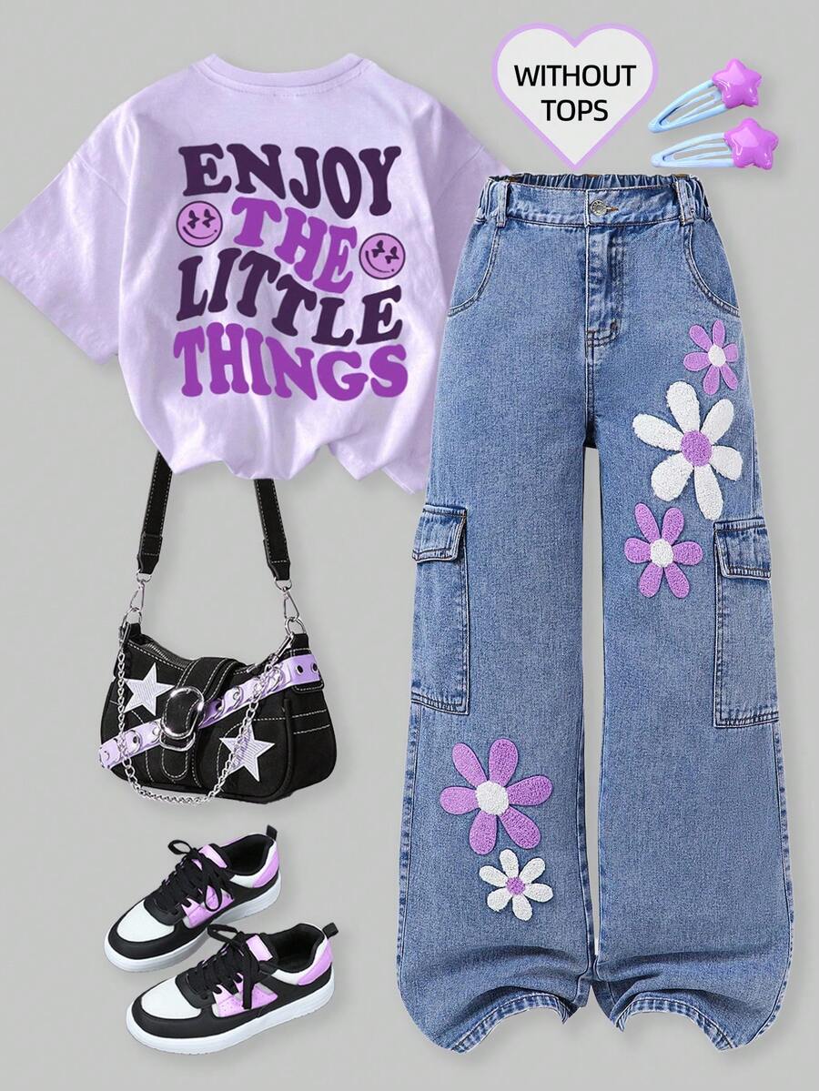 SHEIN ChillGRL 青少年女孩時尚刺繡寬腿工裝牛仔褲,春夏秋冬 Y2K 90年代女孩/幼兒時尚雪花水洗破舊刺繡喇叭褲,紫色 Y2K - 淺色水洗藍 - 查看 1
