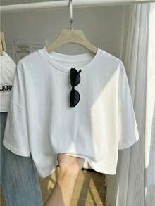 SHEIN EZwear Áo thun tay ngắn cổ tròn dáng suông, thích hợp cho mùa hè. - trắng - Xem 3