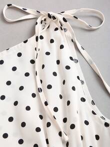 Sweetra 女士春夏法式优雅波点肩部蝴蝶结腰带修身休闲通勤百搭杏色迷你连衣裙 - 杏色 - 查看 4