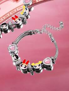 THE POWERPUFF GIRLS X SHEIN 时尚可爱甜美的银色锌合金卡通链条手链，镶嵌闪亮水钻心形。适合日常佩戴或作为礼物，花朵、泡泡和毛茛花图案。 - 彩色 - 查看 7