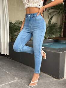 SHEIN PETITE 女士休闲水洗修身牛仔裤 - 淺色水洗藍 - 查看 4