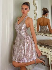 SHEIN Fashionable & Elegant Jacquard Open Back Halter A-Line Short Dress - Apricot - View 3