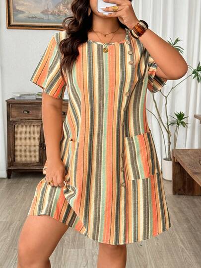 Weeklong Plus Size Women's Spring/Summer Striped Textured Skin-Friendly Orange Dress, Vintage Textured Fabric, Butterfly Sleeve Decor, Casual Shirt, Shorts, Striped Commuter Casual Button Design Mid-Length Dress, Suitable For Graduation, Holidays, Valentine's Day, Music Festivals, Mother's Day, Halloween, Thanksgiving, Easter, National Day, Balls, Dates, Parties, Weddings, Outings, Etc.