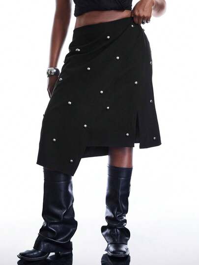 LYSMO Plus Size Women Rivet Decor Casual Versatile Date Night & Outing A-Line Skirt