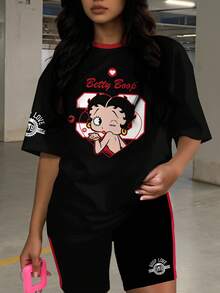 Slaydiva Betty Boop x SHEIN 大码女式圆领卡通字母印花短袖上衣和短裤休闲日常两件套 - 彩色 - 查看 3