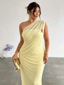 Firerie Plus Size Elegant Light Yellow Summer Wedding Party Guest Dress For Women, Ruched One Shoulder Fitted Graduation Dress, Solid Color - Yellow - View 9