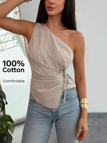 Aloruh Áo sơ mi nữ ngắn tay buộc dây, kiểu dáng tối giản, màu mơ sọc, xếp ly, thích hợp cho mùa xuân/hè. - Màu be - Xem 12