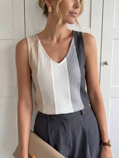 SHEIN LUNE 女士撞色V领休闲宽松背心