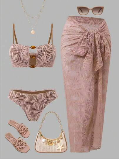 Swim Oasis 2026 New Women's Summer Beach Elegant Casual Vacation Spaghetti Strap Hollow-Out Beaded Backless Sexy Leaf Texture Special Fabric High Waist Maxi Wrap Skirt Bikini High-End 3-Piece Set