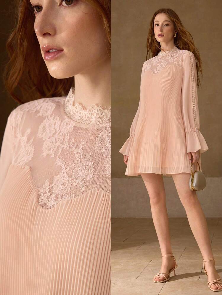 WOMEN'S ROMANTIC ELEGANT LACE PATCHWORK FLARE LONG SLEEVE MINI DRESS, SPRING/SUMMER