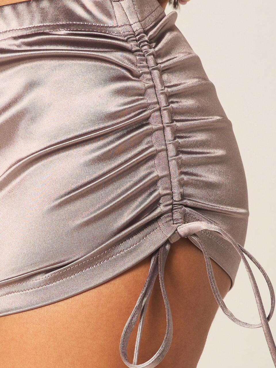 MISSGUIDED Women Ruched Side Drawstring Satin High Rise Shorts Mini Length Fitted Casual Summer
