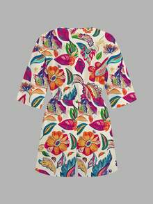 Slaydiva Spring/Summer New Vacation Twist Front Hollow-Out 3/4 Sleeve Loose Romper/New Music Festival/Western /Boho/Easter/Nashville/Casual All-Match Versatile Leisure/Travel Beach Sunbathing/Vacation/Tropical Print - Multicolor - View 4