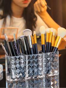1PC Clear Acrylic Makeup Brush Organizer 3 Compartments Cosmetic Storage Box Pen Holder Desk Organizer Vanity Accessories Christmas Holiday Gift Giving Beauty Storage Essential Multifunctional Transparent Display Case For Bathroom Office Home Decor - Clear - View 3