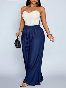SOLERSUN Pantalon ample en coton-lin imitation denim de couleur unie pour femmes grandes tailles, idéal pour les vacances, les déplacements et le port quotidien. - Bleu marine - Voir 4