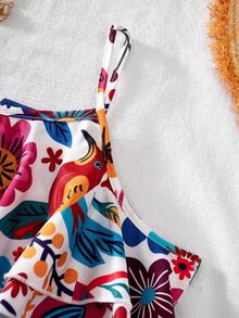 女童荷叶边下摆水果植物印花拼接吊带度假连衣裙 - 彩色 - 查看 3