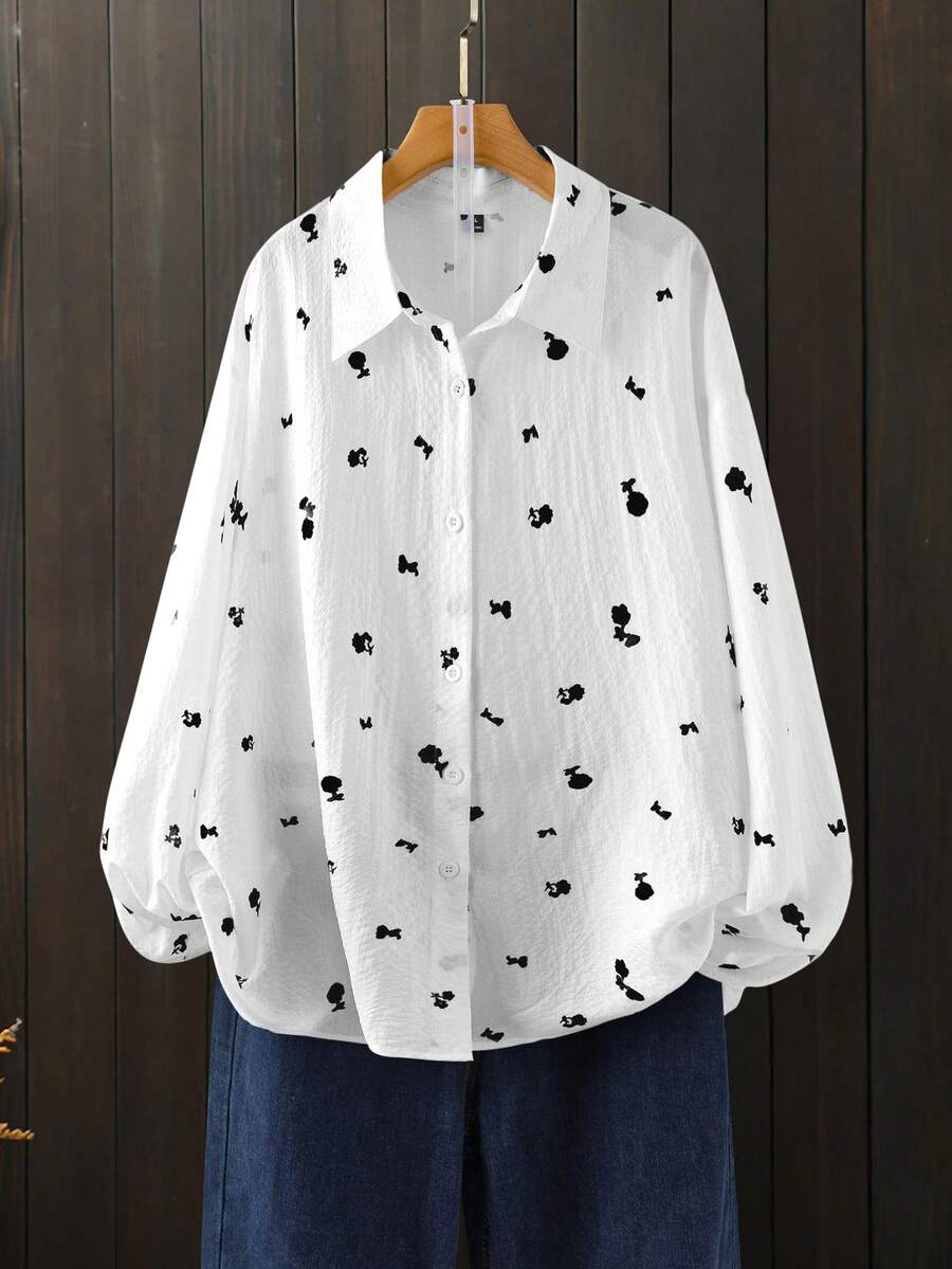 Linhara Plus Size Women's Single-Breasted Casual Versatile Daily Wear Long Sleeve Shirt - Black and White - View 1