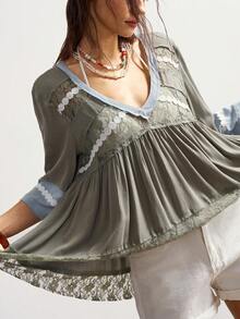 Bohemela Blusa holgada de punto con escote en V y manga corta, estilo patchwork, para mujer, ropa de mujer estilo bohemio, blusas de verano bohemias - verde menta - Ver 4