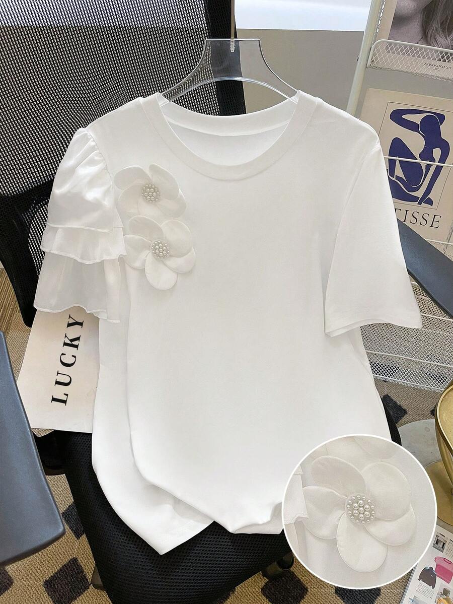 Airaco 大码夏季休闲3D立体花卉装饰圆领短袖T恤 - 白色 - 查看 1