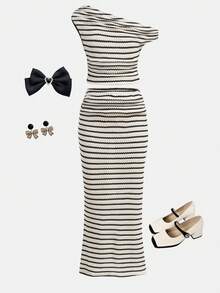 SHEIN Girlism Tween Girls T-Shirt Co-Ords Knit Textured Striped Elegant Casual Asymmetric Shoulder Short Sleeve Lace T-Shirt And Skirt Set - Multicolor - View 3