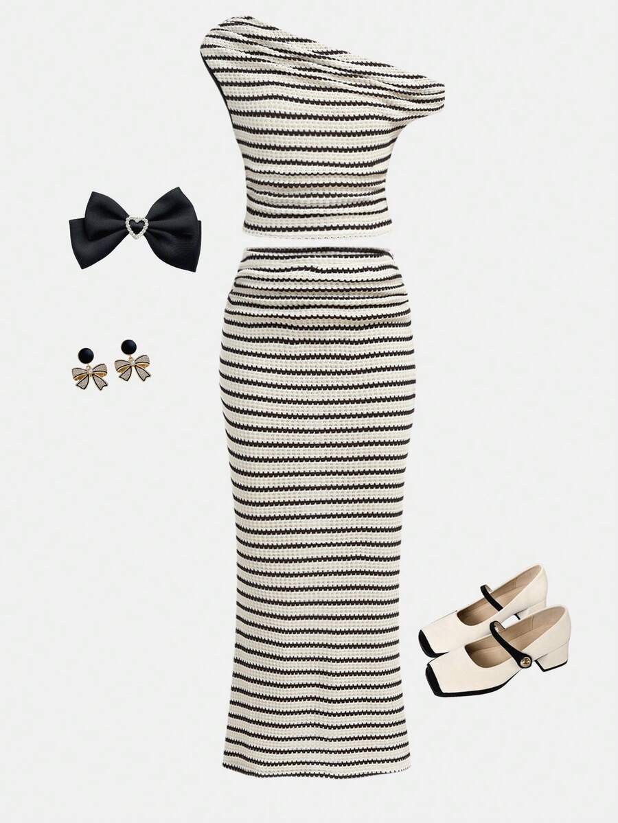 SHEIN Girlism 少女针织条纹优雅休闲不对称肩短袖蕾丝T恤和裙子套装 - 彩色 - 查看 1