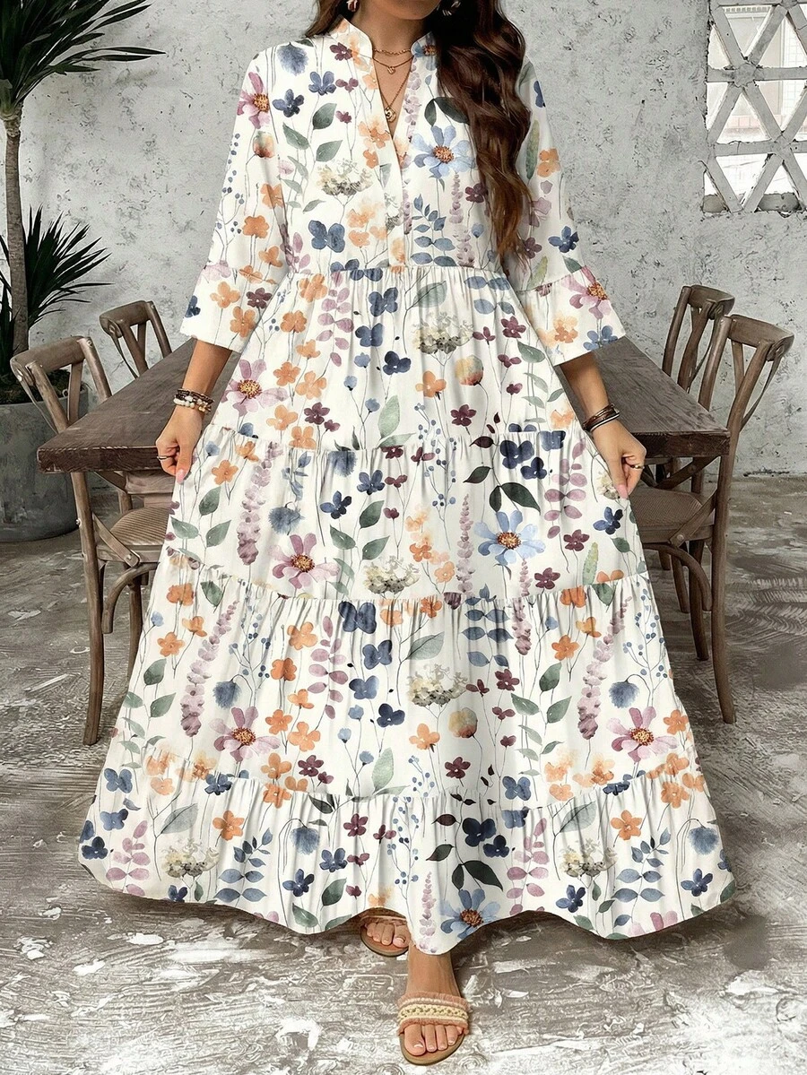 SHEIN LUNE 这款大码波西米亚风印花休闲四层娃娃裙非常适合仲夏日、毕业典礼、婚礼宾客穿着，也可以作为女士度假装、沙滩装、节日礼服或生日礼服。 - 彩色 - 查看 1