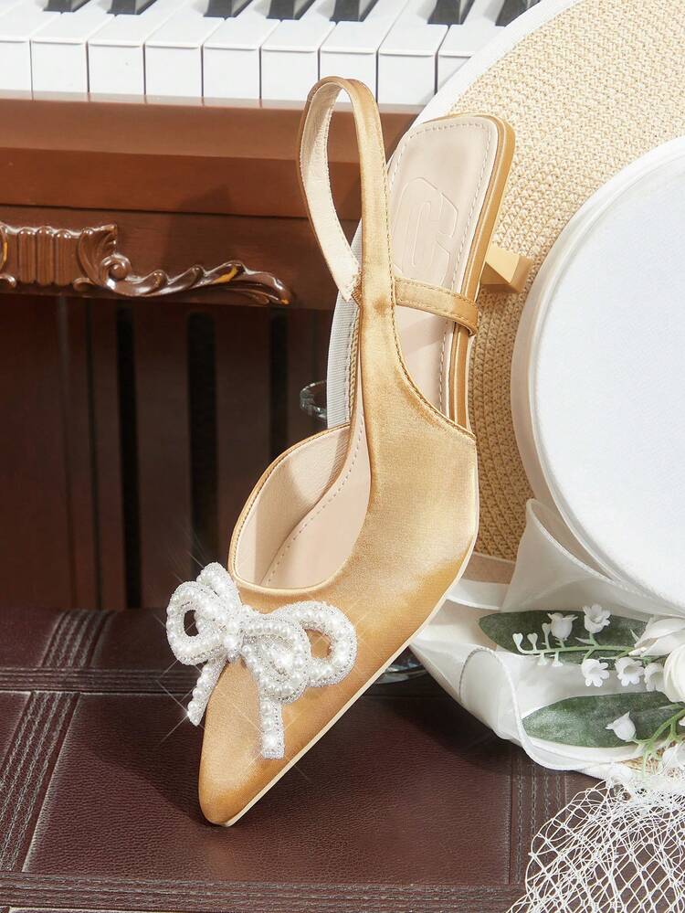CUCCOO HITCHD Women's Pointed Toe Kitten Heel Shoes, Champagne Gold Color, Rhinestone & Pearl Bow Decor, Comfortable Elegant Pumps For Brides, Weddings, Parties