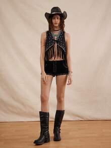 Easelle Bohemian Music Festival Sequin Rivet Tassel Vest For Women - Black - View 4