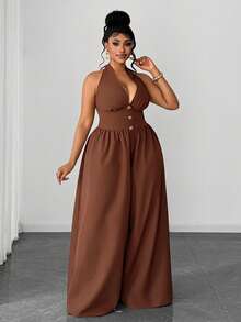 Maweii 大码金属扣通勤吊带腰部喇叭复古连体裤 - 棕色 - 查看 4