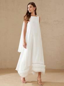 BELROSIE Women's Elegant White Summer Vacation Long Maxi A-Line Dress,Mesh Round Neck Sleeveless Crinkle Fabric Ruffle Hem French Party Wedding Guest - White - View 3