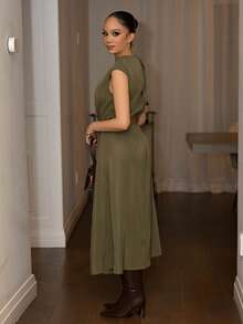 Melissa Matos Women's Solid Color Sleeveless Dress (With Belt), Back To School Season, Olive Dress - Army Green - View 4