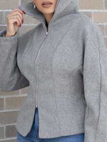 Melissa Matos 女式灰色长袖拉链休闲常规夹克秋冬女装 - 灰色 - 查看 6