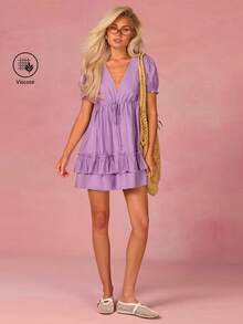 Athîral 女士纯色深V领扭结褶皱时尚约会派对迷你连衣裙 - 紫色 - 查看 7