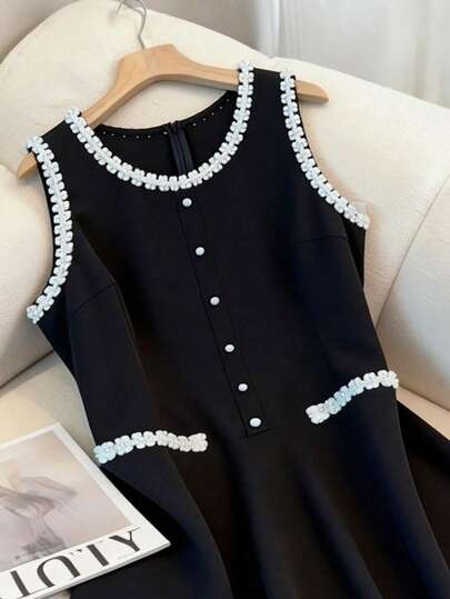 GlowEve CURVE 大码女式仿珍珠饰边泡泡裙摆优雅无袖纽扣装饰显瘦中长连衣裙，适合情人节、圣诞节、新年等节日，也适合日常休闲、通勤、约会、朋友聚会等场合。